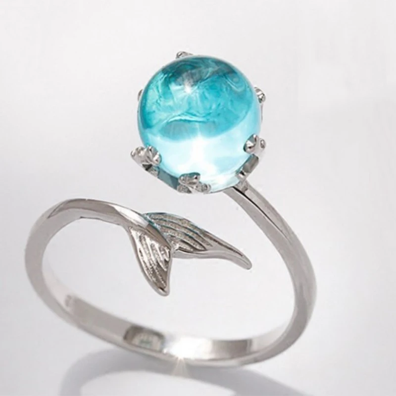 Mermaid Open Fish Tail Ring Blue Opal Adjustable Ring for Women