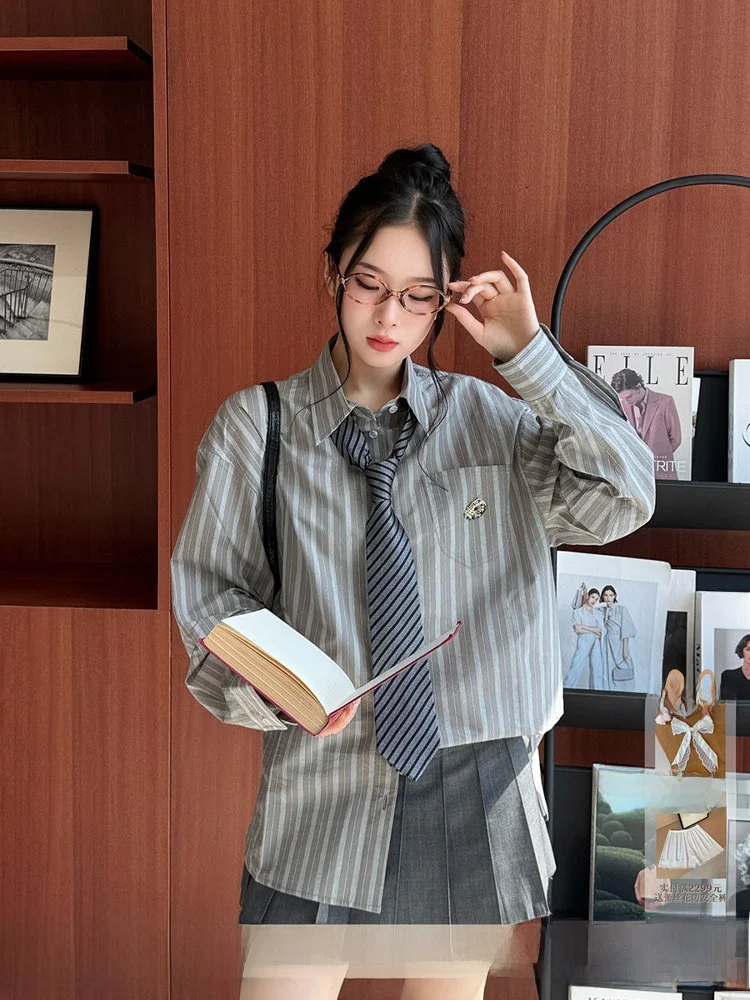 

Брендовая полосатая рубашка с длинным рукавом 5JUNWEI LIN, прямого кроя, из смесового хлопка, весенняя коллекция, модная женская рубашка