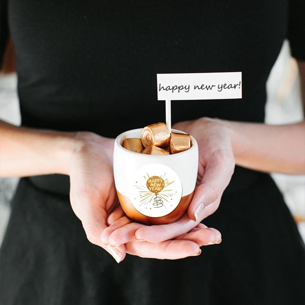 500 uds/rollo de papel de aluminio dorado, pegatina de Feliz Año Nuevo, bolsa de dulces, cajas de pasteles de flores, embalaje de regalo, pegatinas autoadhesivas decorativas