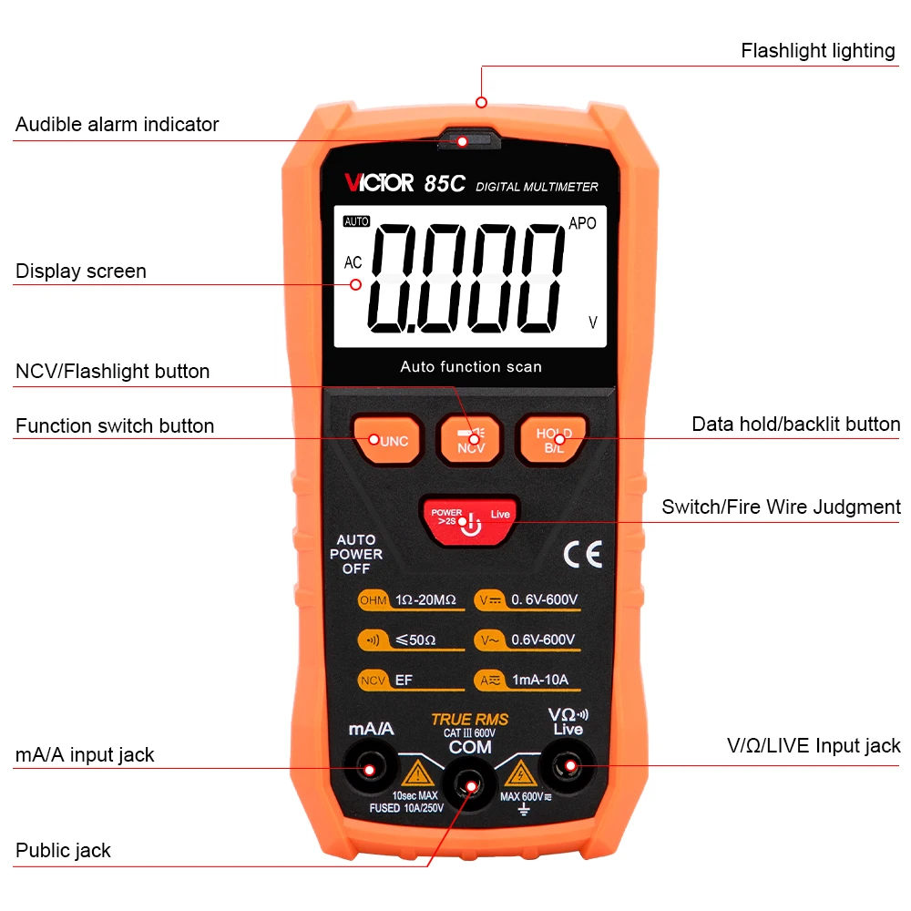 Victor 85C multimetr 6000 liczyć automatyczne AC/napięcie prądu stałego ciągłości NCV inteligentny Tester TRUE RMS latarka Tranistor miernik cyfrowy