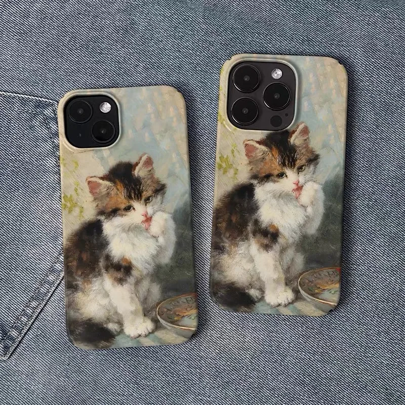 

Ins Korean Green Oil Painting Cat Cartoon Case for IPhone 16 15 14 13 Pro Max 12 Mini 11 Pro 16 Plus Shockproof Ultra Thin Cover