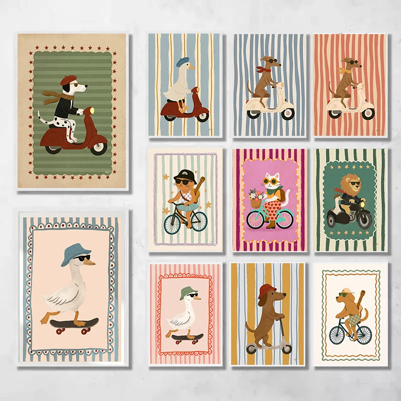 Funny Cartoon Animals Riding Bike Scooter Skateboard Wall Art Poster Retro Striped Print Nordic Kids Nursery Bedroom Wall Decor