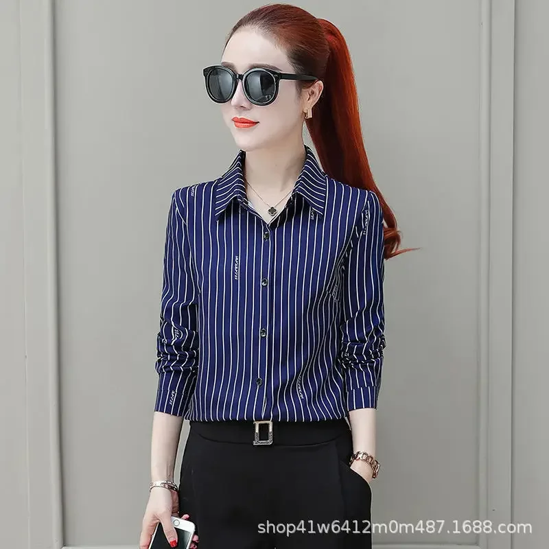 Striped Irregular Blouses Turn-down Collar Button Formal Office Lady Casual Lightly Cooked Thin Spring Summer Women's Clothing