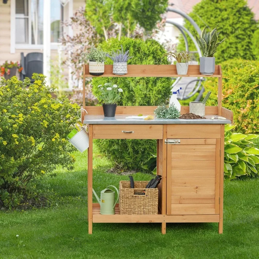 

Outdoor Garden Potting Bench Table Work Bench Metal Tabletop W/Cabinet Drawer Open Shelf Natural Wood