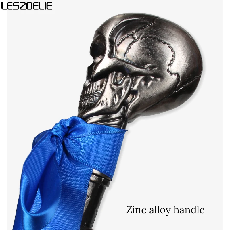 Steampunk-Gehstock mit Totenkopf-Kopf und königsblauem Band, modischer dekorativer Halloween-Cosplay-Stab für Damen und Herren