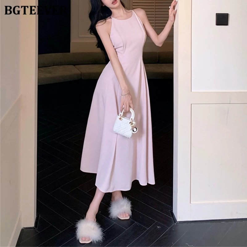 

BGTEEVER Elegant Slim Waist Female Mid-Length Dress Summer Fashion Women Sleeveless A-line Dress Ladies Vestidos