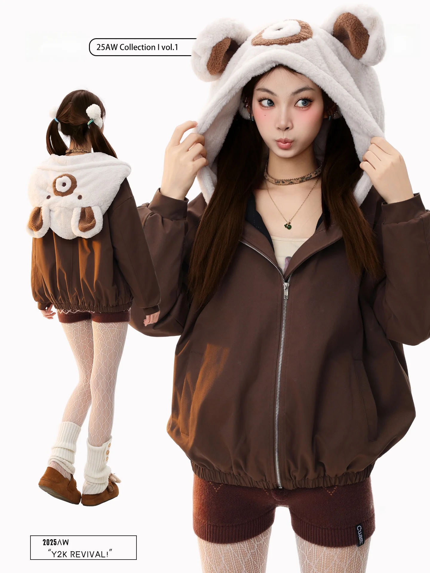

PBB Bear Pattern Hooded Cotton Jaet Women's Warmth Anti-Aging Winter Outerwear Sweet Sle Loose Fit Polyester Fabric