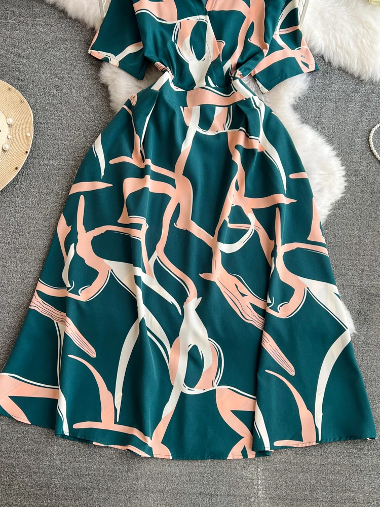 Summer Women Printed Long Dress Vintage Turn-Down Collar Short Sleeve A-Line Maxi Vestidos Female Elegant Casual Robe 2024 New