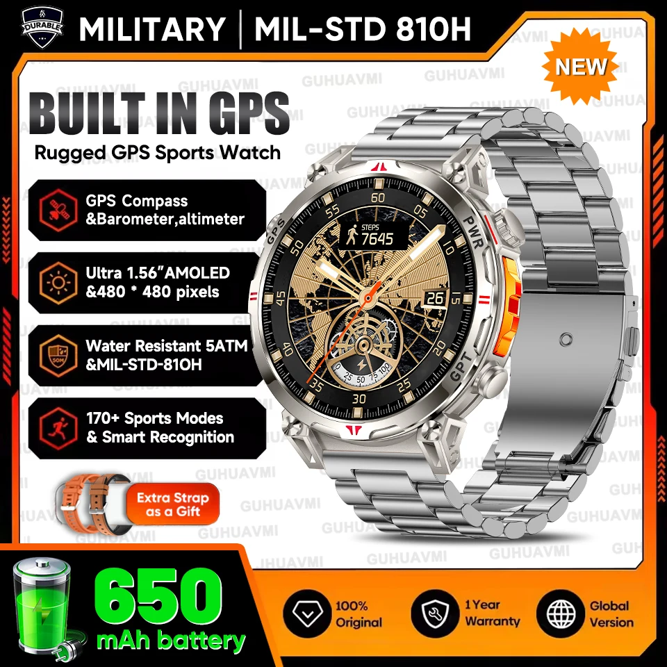 2025 New Military T-Rex3 GPS Smart Watch 5ATM Waterproof 650mAh Battery Heart Rate Compass AI GPT Sports tracker Smartwatch Men