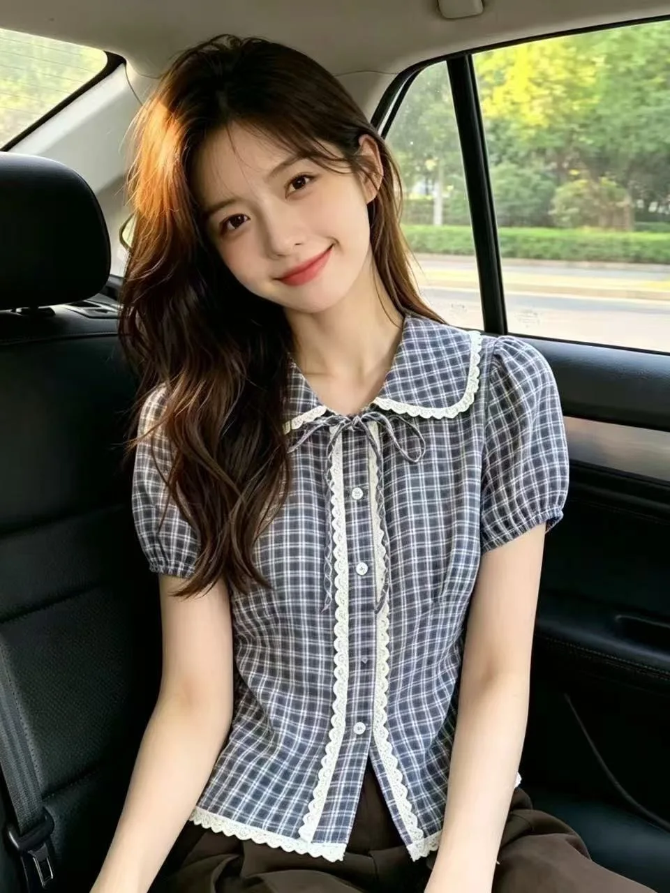 Retro Lace Doll Collar Plaid Short Sleeve Shirt Women Summer Elegant Unique Beautiful Top Original Design Fitted Bustier