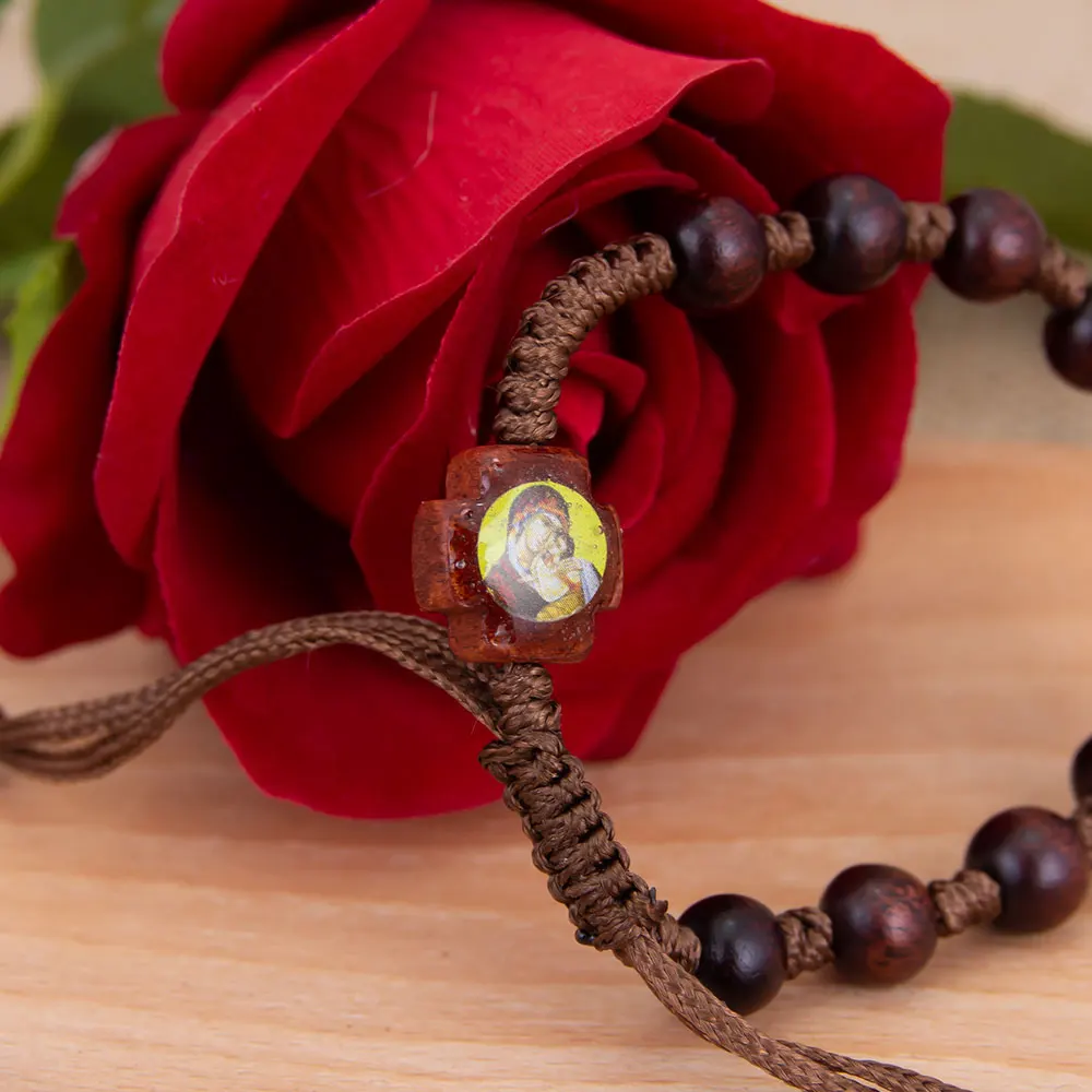 HTISOK Wooden Rosary Bracelet with Jesus & Mary Medals Handcrafted Catholic Prayer Jewelry for Faith Devotion Religion Gift
