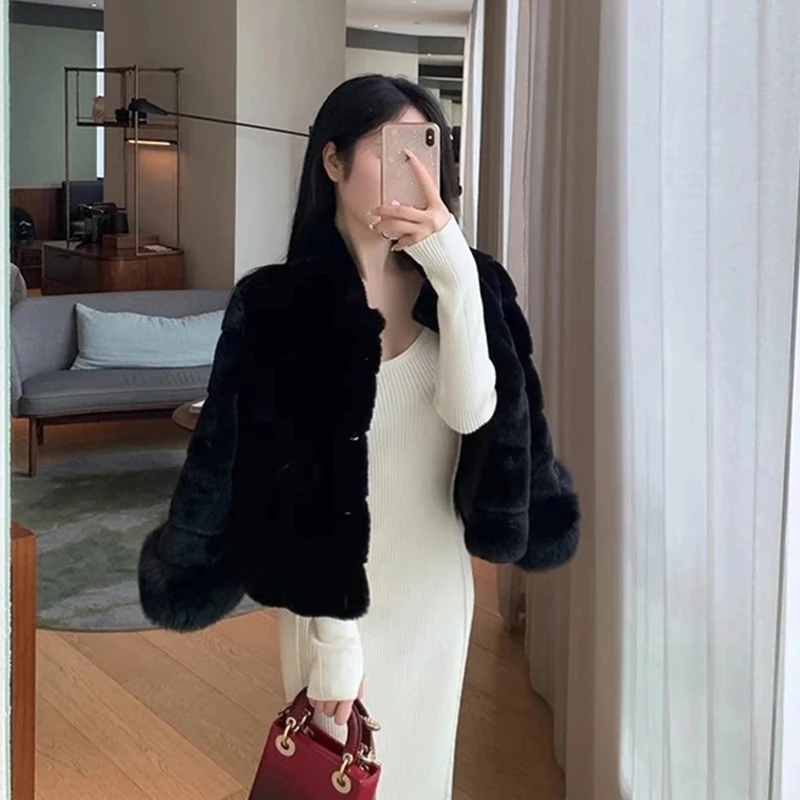معطف فرو صناعي مقصوص من MEXZT سترة نسائية عصرية مرقعة باللون الأسود منفوش سترة شتوية أنيقة كورية بأكمام طويلة ملابس خارجية فروي جديدة #2