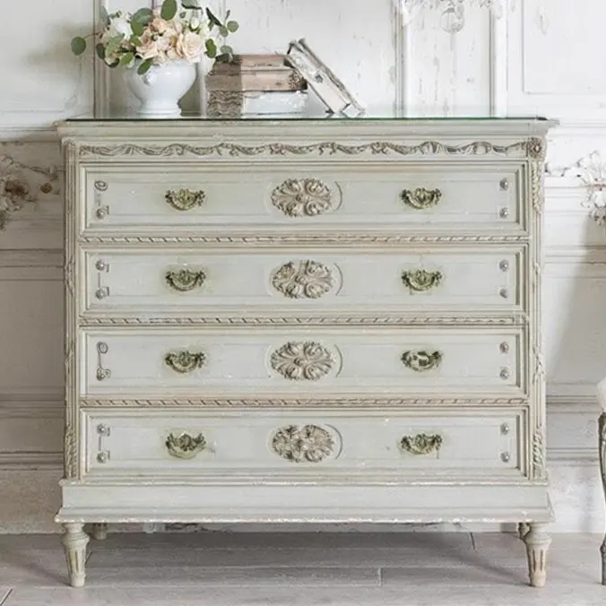 

French retro solid wood old carved porch cabinet small apartment light luxury high-end dining side cabinet