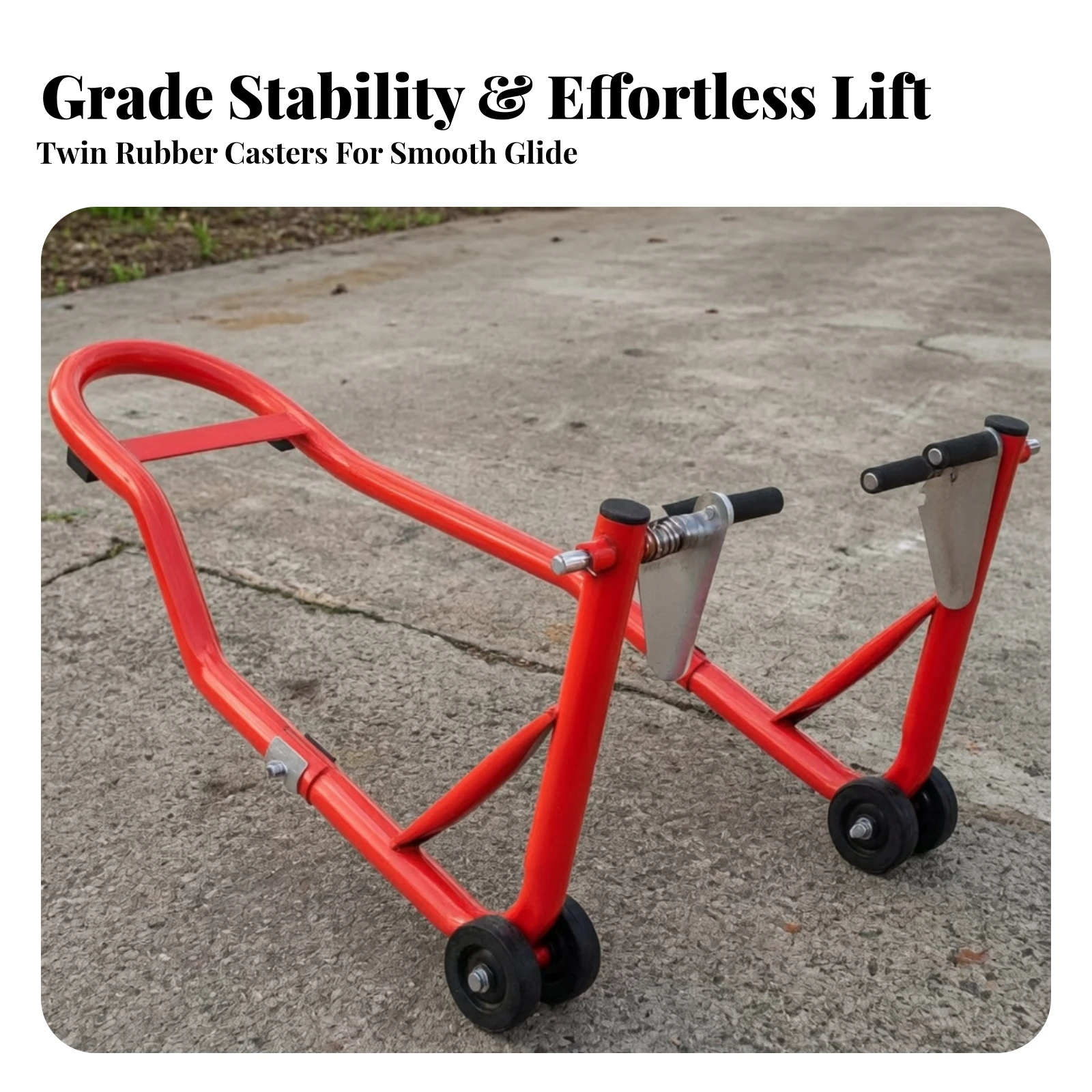 Motorcycle Front Wheel Stand Heavy-Duty Motorcycle Support Stand Equipment Rolling Spring-Loaded for Mechanics, Garage, Workshop