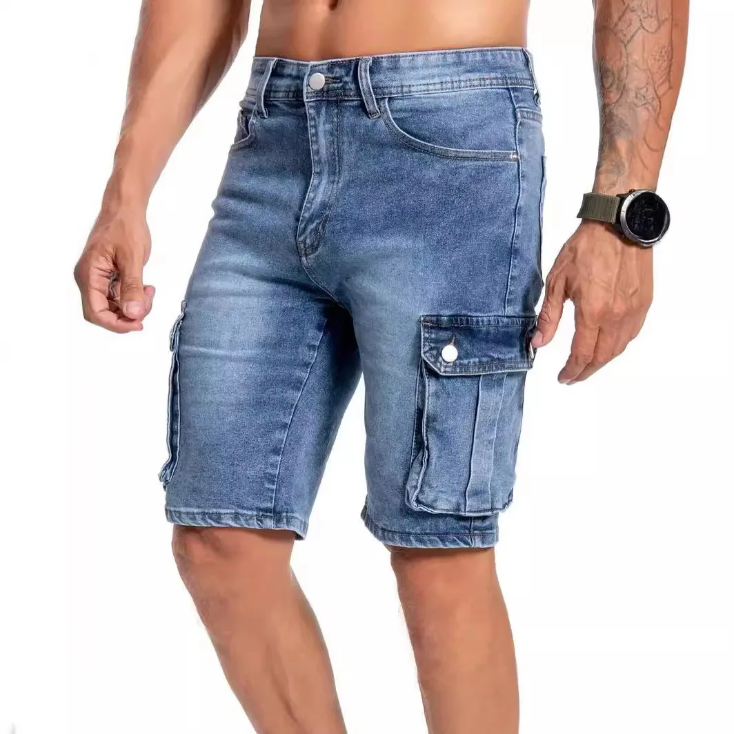

Europe America Men's Multi Pocket Micro Elastic Denim Shorts Casual Breathable Hip Hop Slim Fit Jeans Shorts