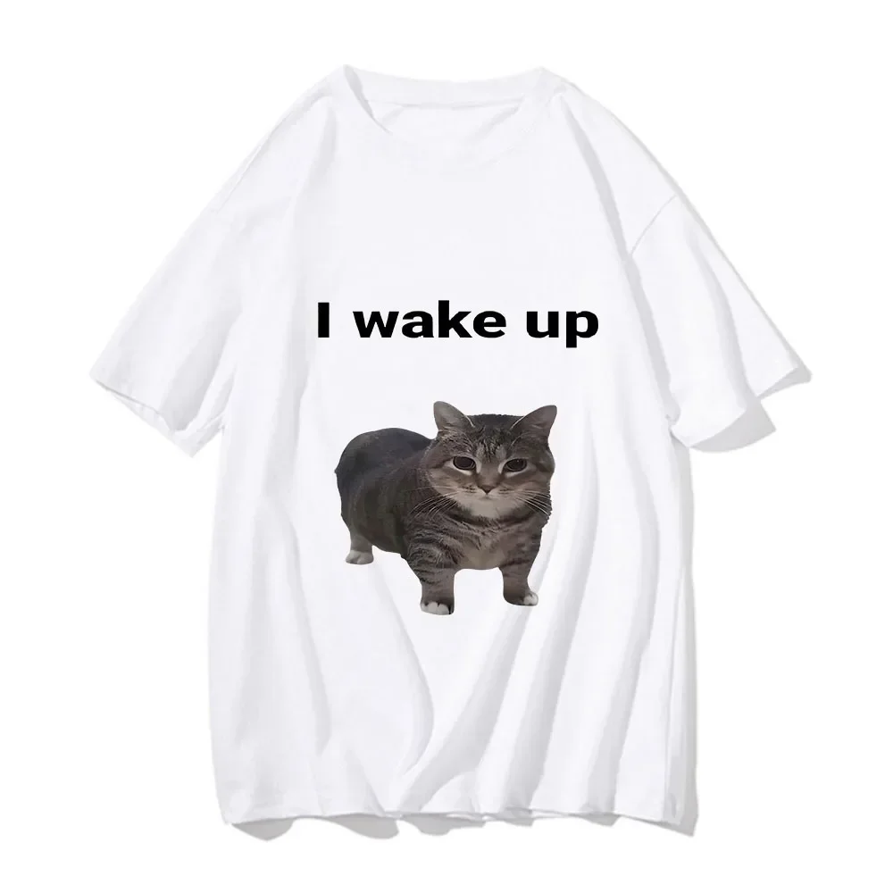 Cute Cat L Wake Up T Shirts Funny Cool Classic Women Clothes Harajuku Aesthetic Tshirt Vintage RoundNeck Streetwear Clothing