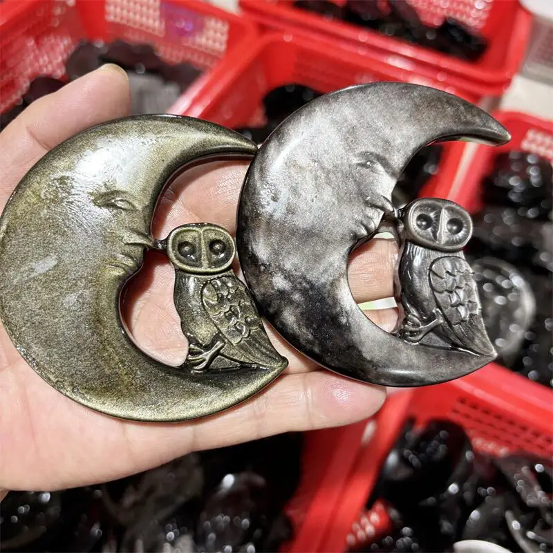 

Natural Gold And Silver Obsidian Moon Owl Carving Handmade Animal Powerful Statue For Home Decoration Lucky Holiday Gift 1PCS