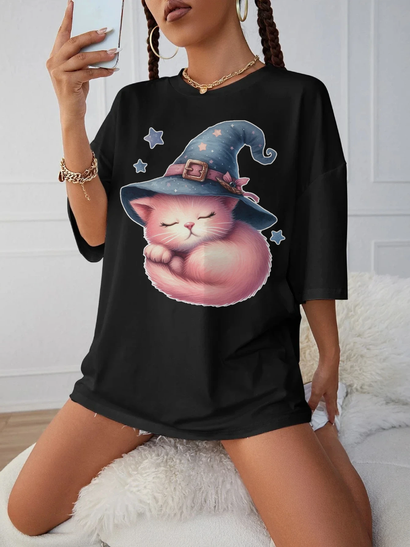 

Розовая-Halloween-Clipart-Cute-Женская модная черная футболка для беременных на Хэллоуин, свободная посадка с круглым вырезом, идеально подходит для беременных, зимы