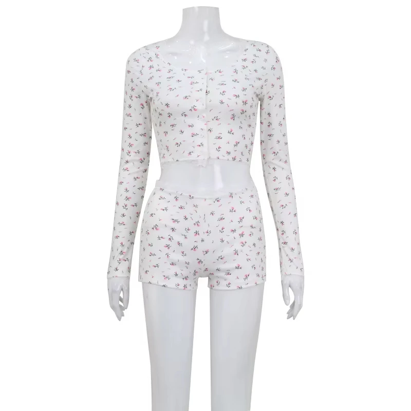 Sexy Damen-Pyjama-Set mit Blumenmuster, Sommer-Langarm-Oberteil und Shorts, 2-teiliges Schlafanzug-Set für Frauen, lässiger Skinny-Anzug für Zuhause – Detail 19