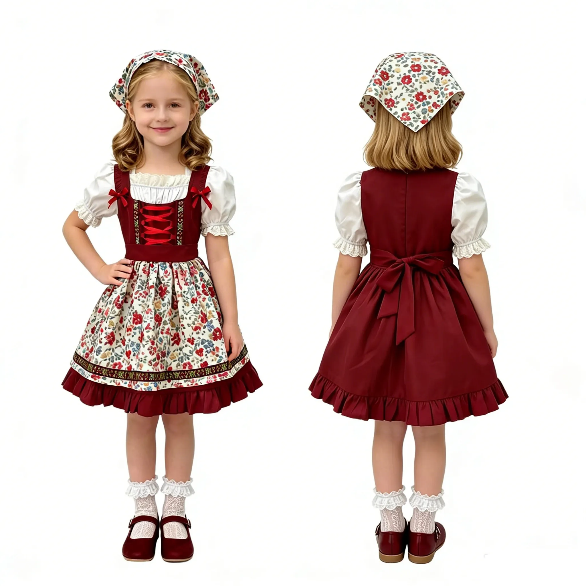 Kids Girls Halloween Carnival Bavarian Oktoberfest Costume Pastoral Style Dress with Floral Print Apron Headscarf Bow Ribbon