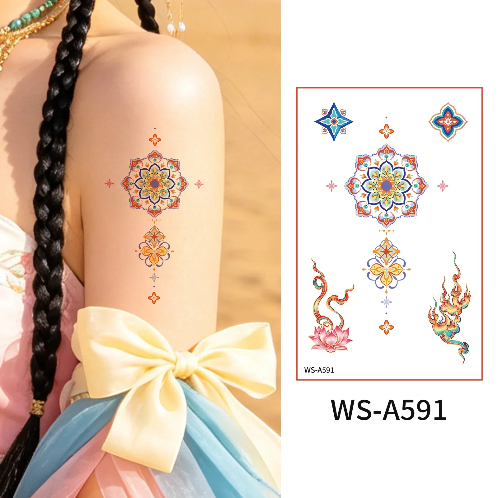 A Rainbow Deer Phoenix Flower 6/9 Waterproof Temporary Tattoo Stickers Arm Painting Fake Butterfly Narcissus Rose Lotus Tattoo