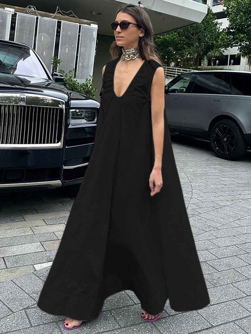 Parc Fee – robe blanche ample et Sexy pour femmes, col en v, sans manches, longueur cheville, élégante, classique, couleur unie, été, 2025