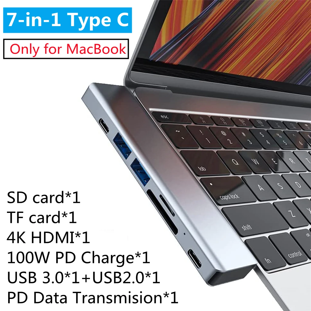 

5/7 in 1 USB C Hub Multiport Adapter with 4K HDMI USB 3.0&2.0 TF/SD Card Reader USB-C Thunderbolt 3 Aluminum for MacBook Air&Pro