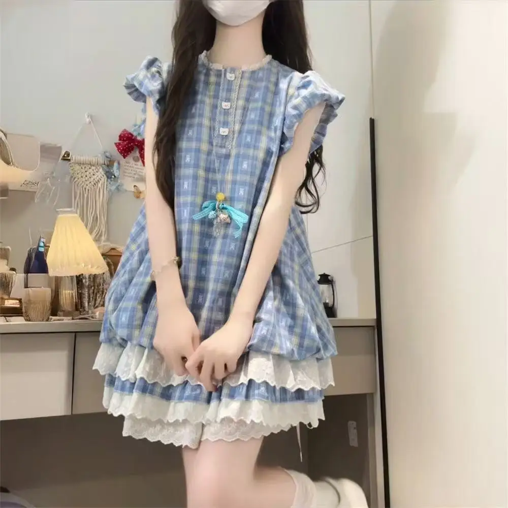 

2025 Women's Sweet Lolita Plaid Dress - Lace Ruffle Fly Sleeve Tiered Dress, Kawaii Vintage Casual Outfit for Spring Summer