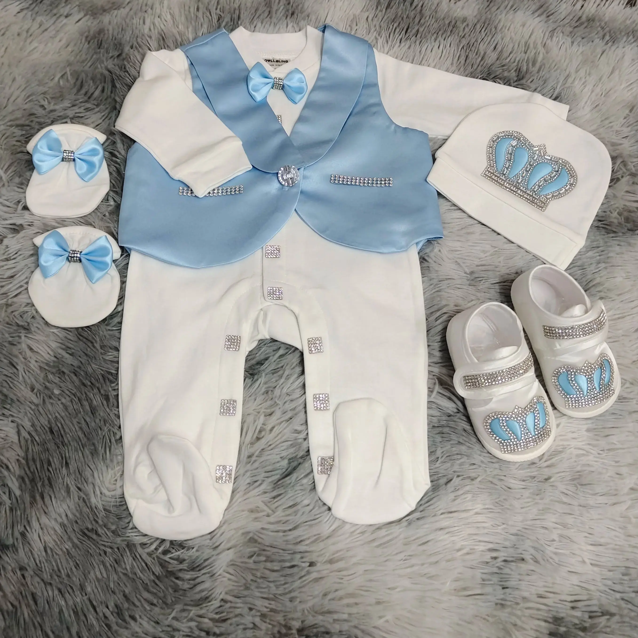 Royal Baby Boy Prince Style 5Pcs Blue White Rhinestone Footed Romper Christening Baptism Formal Suit Hat Shoes view 6
