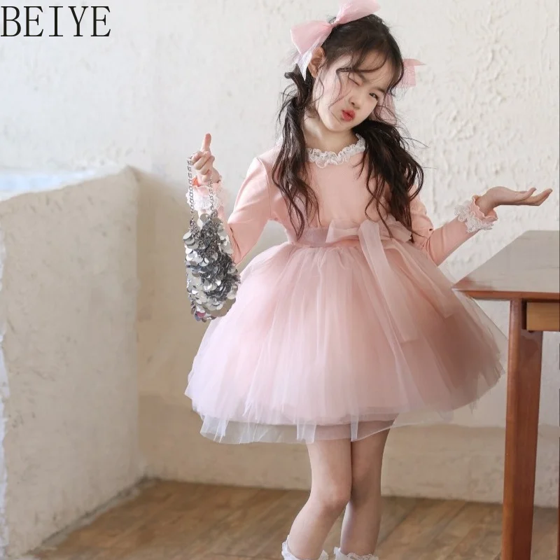 

Girls Sweet Pink Long Sleeve Mesh Dress Spring Autumn New Fluffy Princess Dress Children Daily Wear Cute Birthday Dress