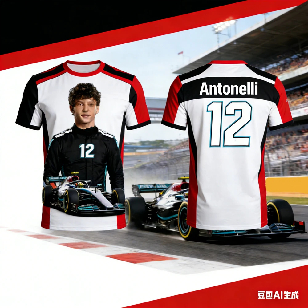 Camiseta de Manga Corta Estilo Carreras 2026 Generada por IA NO.12 Andrea Kimi Antonelli, Traje de Carreras Extremo, Ropa Deportiva Transpirable