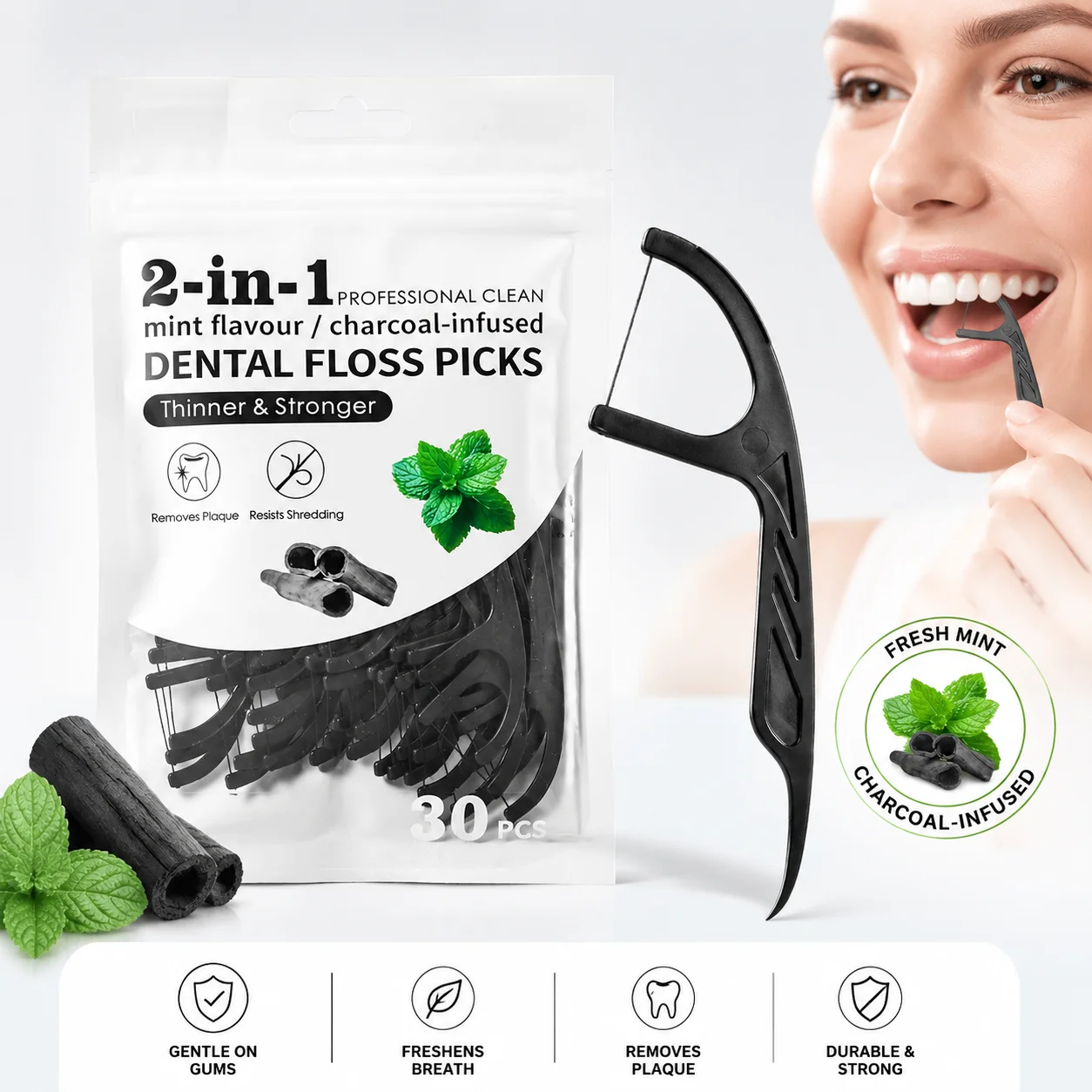 Mint Infused Bamboo Charcoal Dental Floss Picks 30 Count per Bag, Disposable Floss Sticks with Deep Cleaning Floss