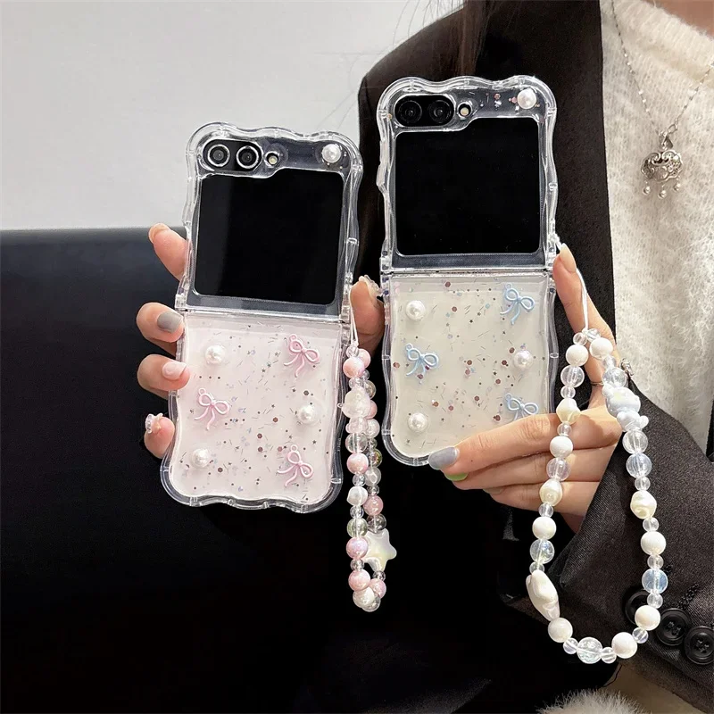 Чехол для телефона Samsung Galaxy Z Flip 3 4 5 6 3D браслет с жемчужным бантом Z Flip6 ZFlip6 Wave противоударный чехол