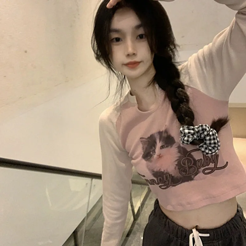 Y2k Aesthetic Patchwork T Shirts Kawaii Cat Print Graphic  Cute Top Women Casual Crop Tops Long Sleeve Harajuku Pink Color Tees