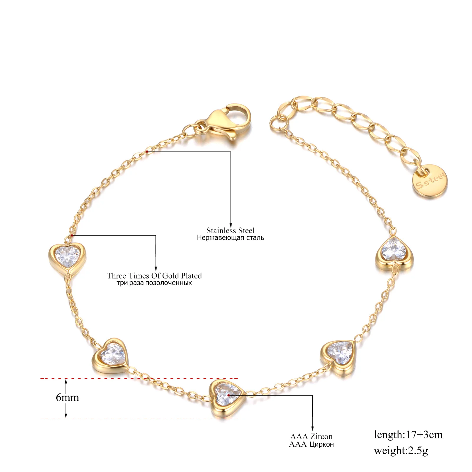JeeMango Colorful CZ Crystal Heart Charm Bracelets For Women Gold Plated Stainless Steel Bohemia Party Chain Bracelet JB22086