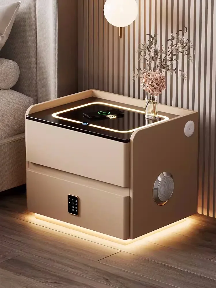 Intelligent Solid Wood Bedside Table with Wireless Charging Modern Style 2 Drawers Nightstand with Lock Home Side Cabinet