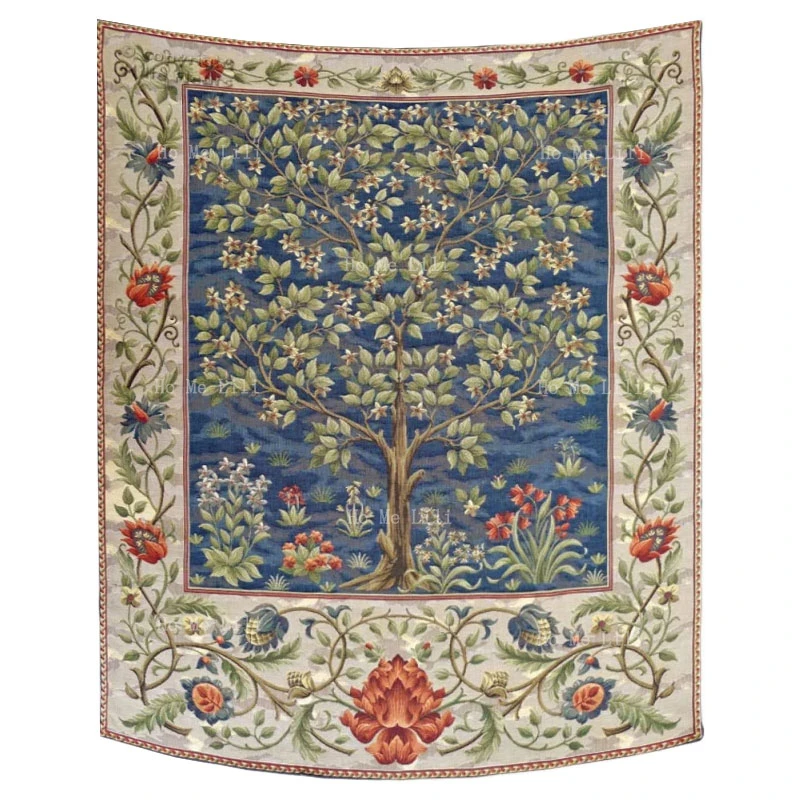 Blossoming Fruits Tree Of Life Belgian Woodpecker Orange Dark Blue Ornament Mille Fleur Wall Tapestry Classic Home Decor