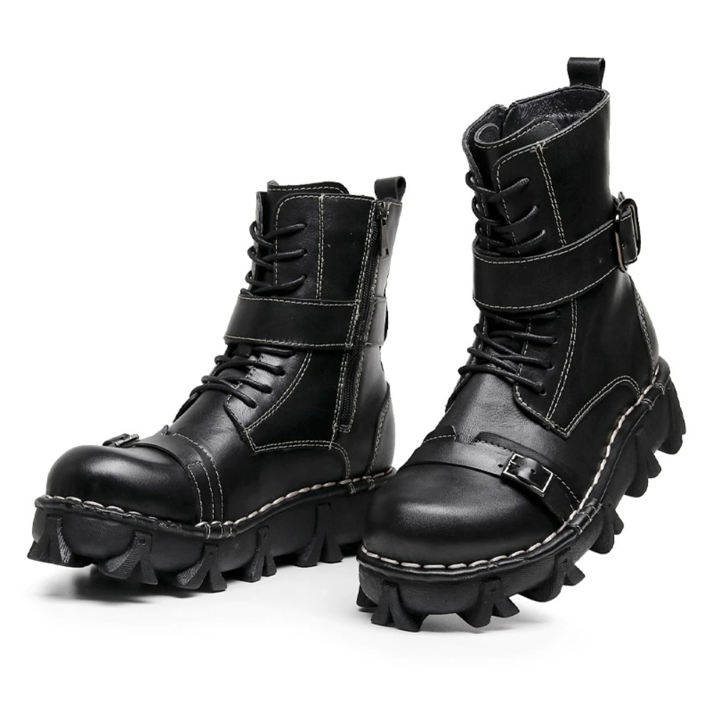 

Fashion Men's Genuine Leather Motorcycle Boots Goth Punk Elastic Western Cowboy Boots Buckle Strap Mid-calf Riding Boot Platform