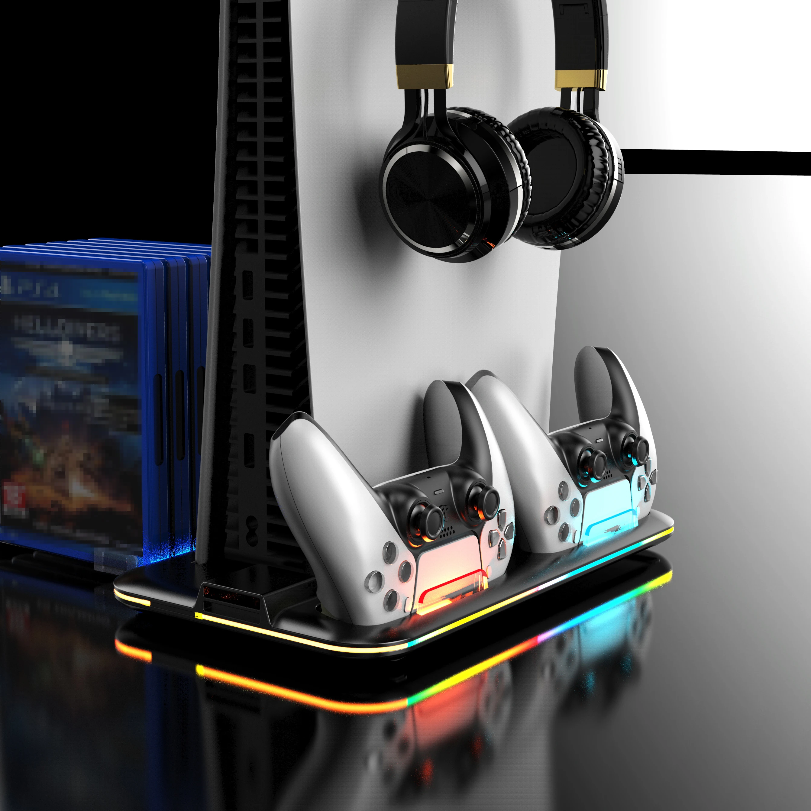 STORM WYRM Cooling & Charging Station พร้อมคอนโทรลเลอร์สําหรับ Playsation 5 ดิจิตอล/แผ่นดิสก์, RGB Light, ชุดหูฟัง STK-DZ501