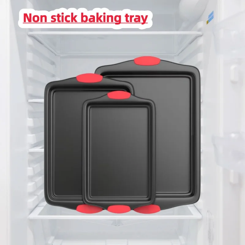 New Non Stick Pan baking Tray with Red Silicone Handle, Kitchen baking Board, Cake Mold, Oven biscuit baking, Easy to Clean