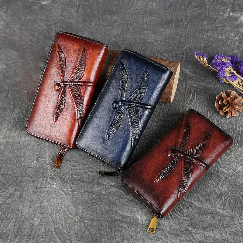 Women's Genuine Leather Retro Wallet With Dragonfly Embossed Long Handbag Cowhide Large Capacity Women's Wallet Card Bag