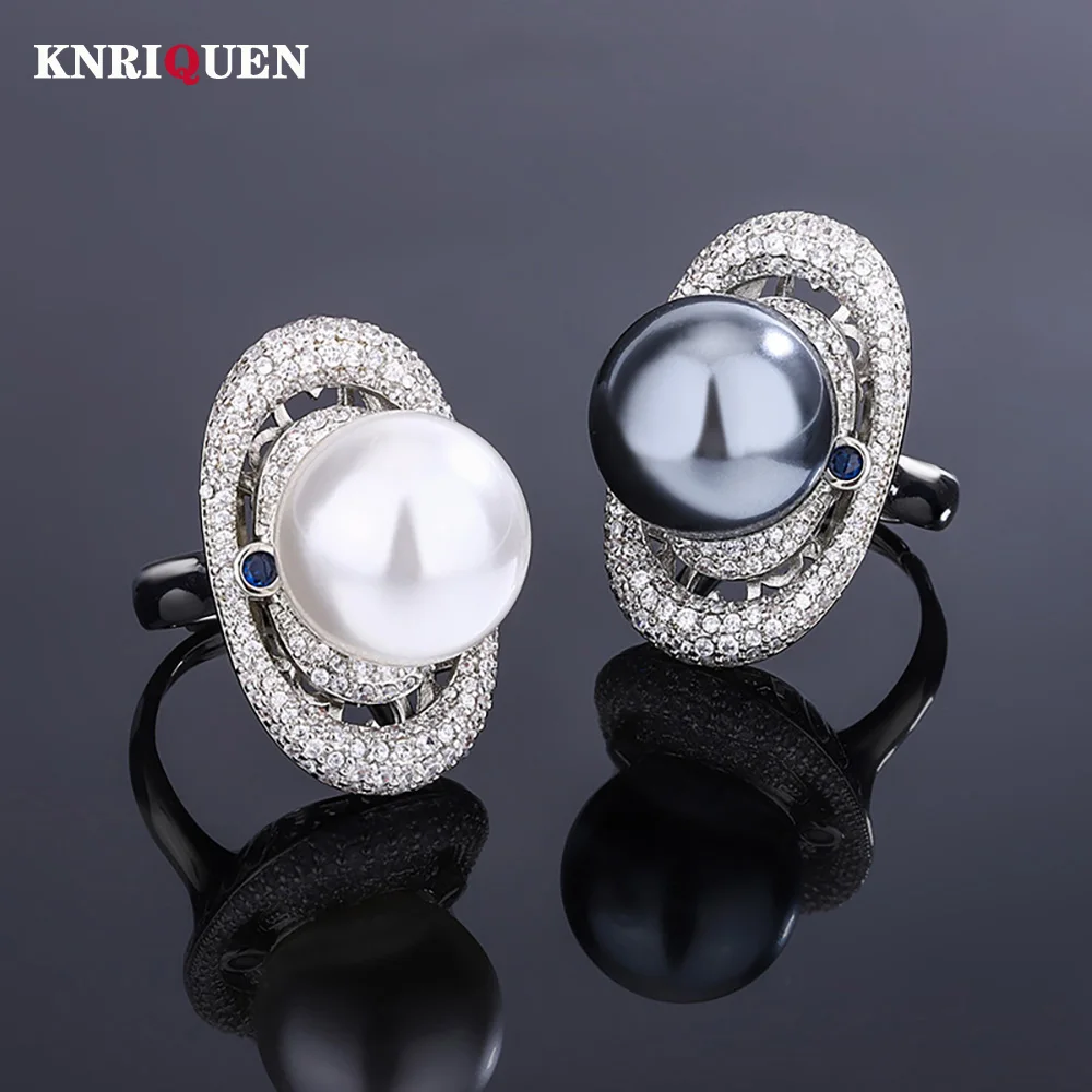 

Luxury 16MM White Black Big Pearl Rings for Women Lab Diamond CZ Ring Cocktail Party Fine Jewelry Accessories Anniversary Gift