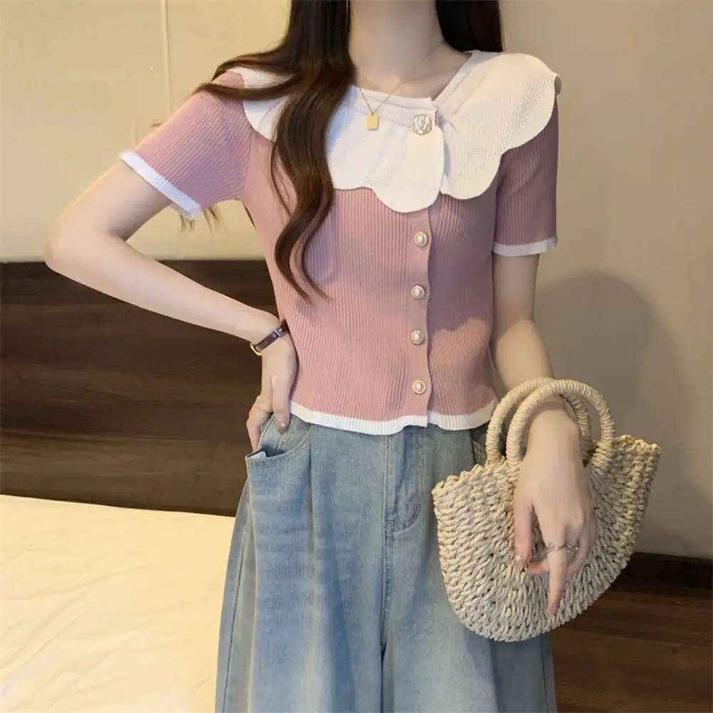 

Sweet O-neck Ruffle Knit T-shirt Flower Button Short Sleeve Slim Crop Tops Shirt Streetwear Short Short knitwear Vest Summer