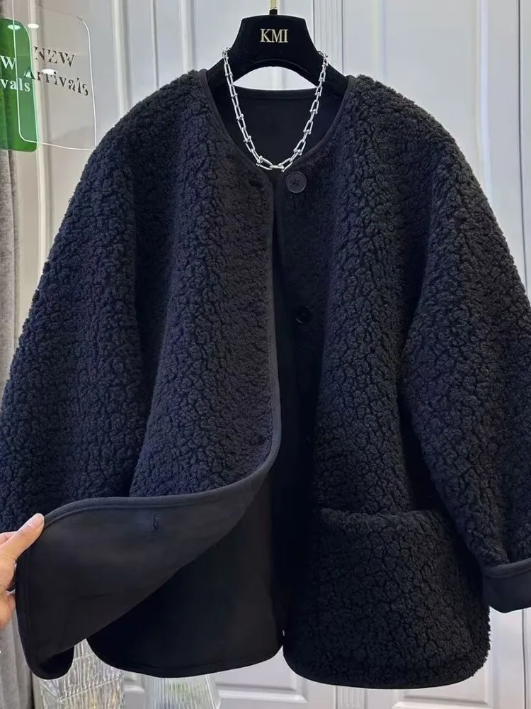 Elegant Thickened Lamb Fur Coat Women's Loose Warm Long Woolen Jacket Black Color Full Sleeve round Neck Single Button Closure