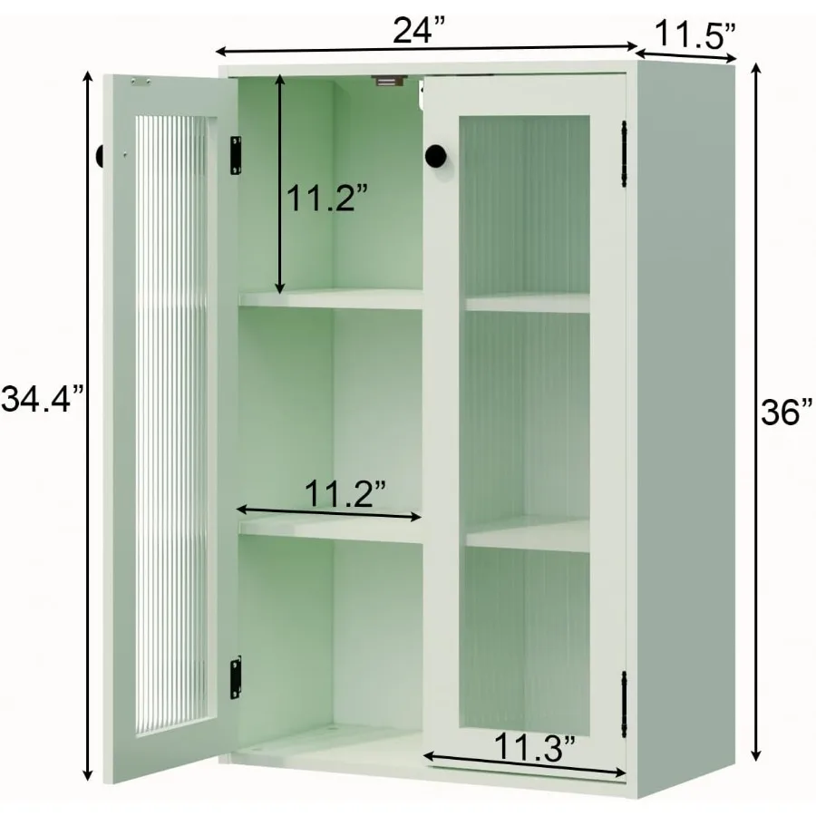 Glass Door Bookcase for Living Room, Bedroom, Home Office, Kitchen: Fluted Glass Display Cabinet with 2 Fixed Shelves, Wall-Mou