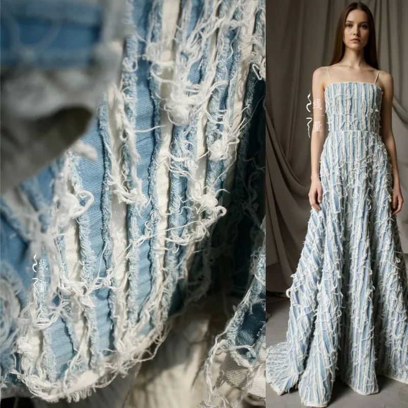Ragged Floral Fringe Blue Denim Fabric Transforming Pants Jackets Into Vintage Clothing Designer Fabrics for Diy Sewing