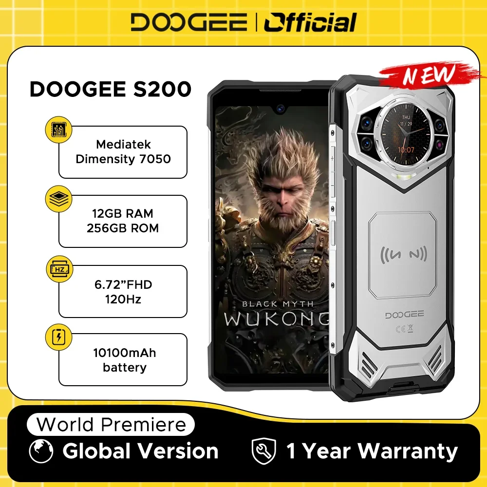 DOOGEE S200 โทรศัพท์ 5G ขนาด 7050 Octa Core 1.32 "AMOLED จอแสดงผลด้านหลัง 12GB RAM + 256GB ROM 100MP กล้อง 10100mAh 5G โทรศัพท์