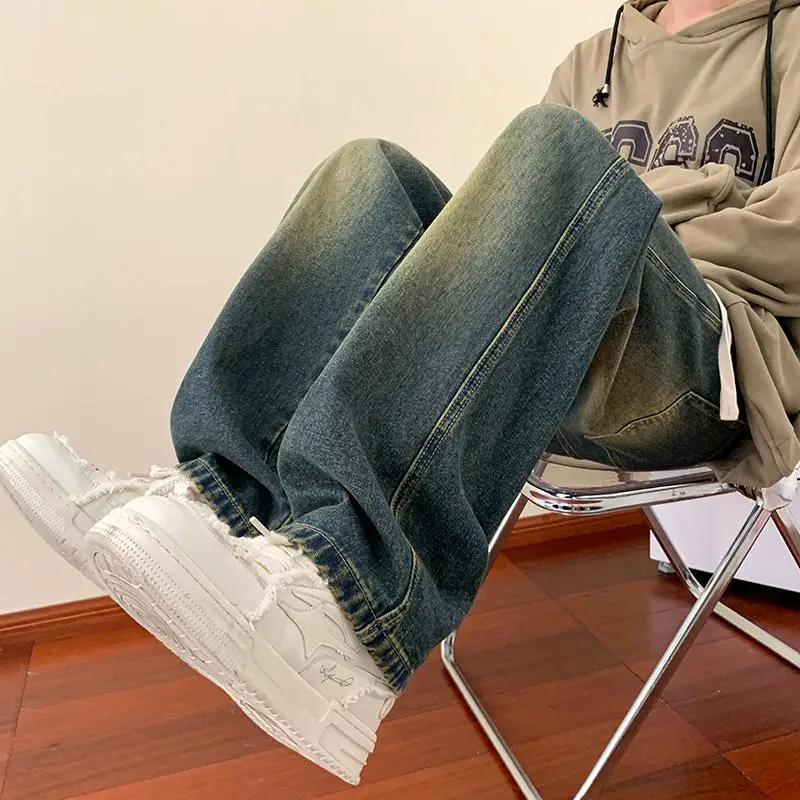 Vintage Blue Jean Pants Men Hip Hop Denim Trousers Male Streetwear Fashion Elastic Waist Autumn Retro Casual Straight Jeans