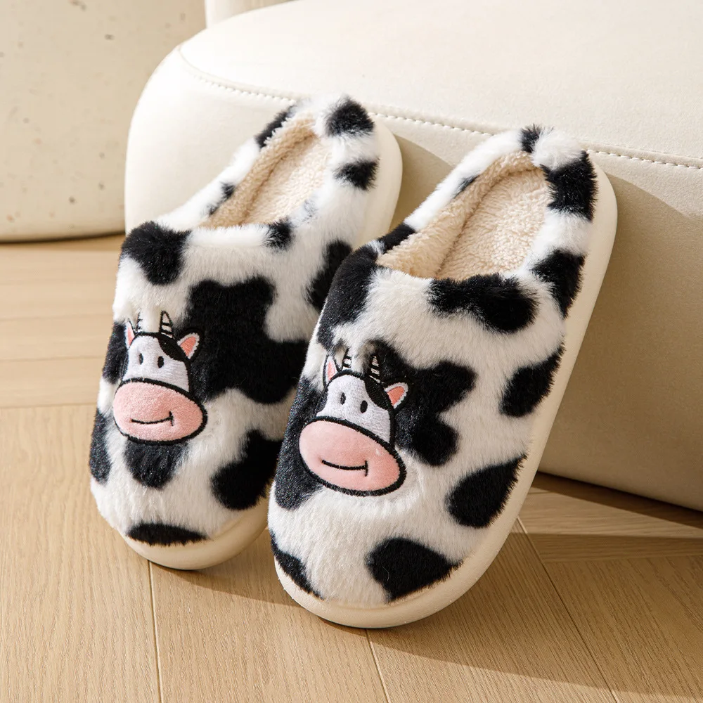 Smile Pop Winter Thickened Plush Women Cotton Slippers Cartoon Cow Cotton Slippers Indoor Non-slip Warm Cute Wool Shoes Couples