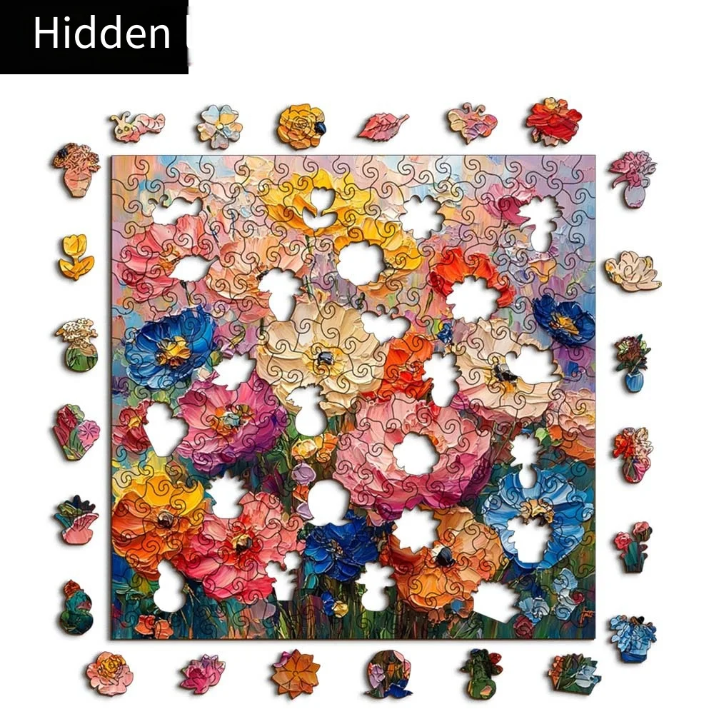 Art Wooden Jigsaw Puzzle, Irregular Pieces Hard Puzzle With Photo Frame, Flower Painting Wall Decoration HandmadePuzzle Toy gift